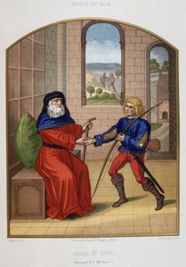 Esau met zijn jachtwapens en zijn vader Isaac. Chromolithografie uit de 19e eeuw