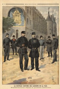 Evolutie van uniformen van vredeshandhavers (of stadssergeanten) van 1860 tot 1894, voor de klokkentoren van de Concierge, Parijs. Gravure in "Le petit journal" 09/1894. Selva