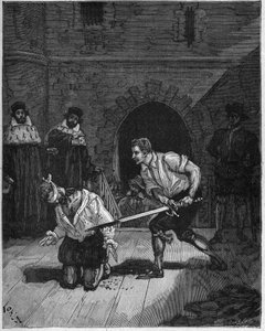 Executie van Charles de Gontaut Biron (1602): de maarschalk Charles de Gontaut Biron, gouverneur van Bourgondië (1562 - 1602) met zijn hoofd voor het samenzweren tegen de koning van Frankrijk Hendrik IV (1553-1610). Gravure uit de 19e eeuw. In 