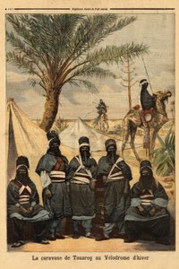 Tentoonstelling van de karavaan van de Toeareg in het wintervelodroom. Gravure in "Le petit journal" 4/06/1894. Selva