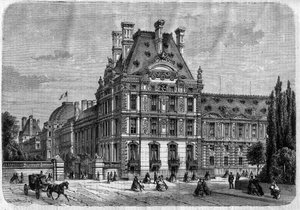 Buitenaanzicht van het Pavillon de Flore, bij het Palais des Tuileries, en de Galerie du bord de l