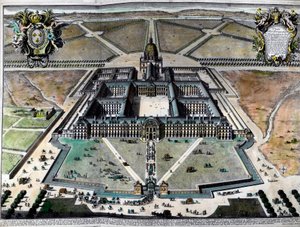 Buitenaanzicht van het Hôtel des Invalides in Parijs in de 18e eeuw. Gravure uit de 18e eeuw. Privécollectie.