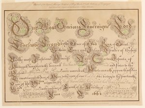 Facsimile van het originele huwelijkscertificaat van Karel II en Catharina van Portugal