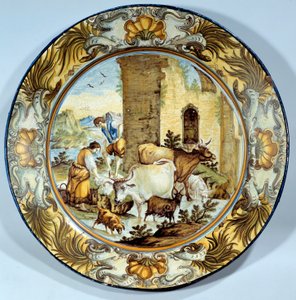 Faience schaal met een pastorale scène door Unknown artist
