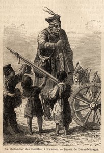 Familieruzie in Swansea. Tekening door Durand Brager, ter illustratie van een bezoek aan de grote fabrieken in Wales in 1862, door L. Simonin. Gravure in 