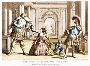 Farinelli (Carlo Broschi, genoemd; 1705 - 1782) met de sopraan Cuzzoni en de gecastreerde Francesco Bernardo Senesino (1680 - 1750) in de opera door George Frederick Handel