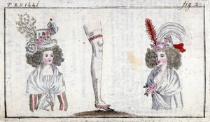 Mode 18e eeuw: kapsel en kousenband van vrouwen rond 1788 door Unknown artist