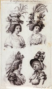 Mode 18e eeuw: de hoeden van Berlijnse vrouwen. Gravure uit 1793. door Unknown artist