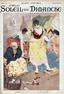 Mode eind 19e eeuw: nieuwe schoenen uit Venetië. Vrouwen passen schoenen uit de Italiaanse stad. Gravure in 