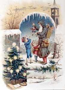 Kerstman met kinderen. Chromolithografie uit 1892
