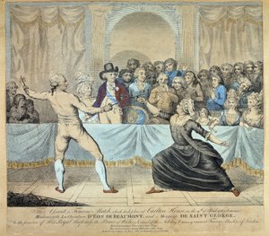 Schermgevecht tussen de ridder van Eon de Beaumont en Monsieur de Saint George, 9 april 1787. Gravure door Unknown artist