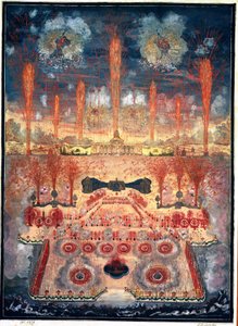 Vuurwerk en verlichting op 16 juni 1744 in Moskou (Rusland). Anoniem werk, aquarel en gouache op karton, midden 18e eeuw. Rococo kunst. State History Museum, Moskou