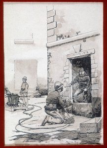 Brandweerlieden: brandapparatuur uit kelders. gravure 19e eeuw