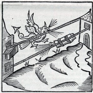 Vuurwerk en vuurwerk: raketten glijden op touwen. Reproductie van de gravures van het werk van de Franse jezuïet Jean Leurechon "La recreation mathematiques, ou Interview facetieux sur plusieurs plaisants problemes, en fait d
