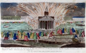 Vuurwerk afgevuurd op Place de Louis XV op 30 mei 1770, ter gelegenheid van het huwelijk van Louis Auguste, Dauphin van Frankrijk met aartshertogin Marie Antoinette door Unknown artist