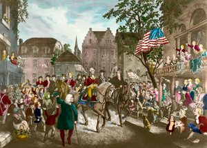 Begin van de Amerikaanse Onafhankelijkheidsoorlog: George Washington triomfantelijke intocht in New York na de Engelse nederlaag