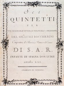 Eerste pagina van de partituur van "Sei quintetti per due violini flauto viola e violoncello" door Luigi Boccherini door Unknown artist