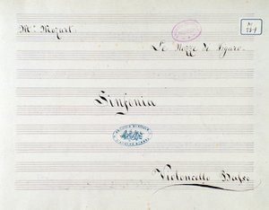 Eerste pagina van partituur voor de cello in Le nozze di Figaro, opera door Mozart (19e eeuw)