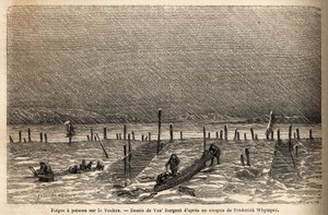 Visvallen, geplaatst op de oevers van de Yukon-rivier (extreem noordelijk Canada). Gravure ter illustratie van de reis en avonturen in Engels Colombia, Vancouver Island en Alaska, door Frederick Whymper