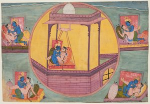 Vijf houdingen van Krishna die de liefde bedrijft, uit een Bikaner Bhagavata Purana door Unknown artist