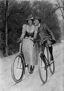 Flirt einde van de eeuw: stel op een fiets - gravure