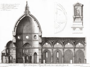 Florence, Italië. De Duomo of kathedraal van Santa Maria del Fiori. Doorsnede van de kathedraal. Naar een 19e-eeuwse gravure