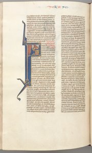Fol. 412v, Lucas, historiated initiaal F, Lucas biddend bij een altaar, buste van God erboven door Unknown artist
