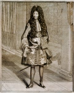Voetportret van koning Lodewijk XIV, bekend als de Zonnekoning (1638-1715). 18e-eeuwse gravure. Nationale Bibliotheek van Madrid. door Unknown artist
