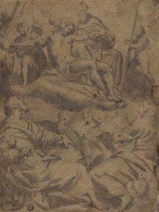 Vier evangelisten en het visioen van God die de dode Christus vasthoudt met de instrumenten van het lijden