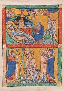 Vier nieuwtestamentische scènes: De annunciatie en de visitatie (onder); De geboorte en annunciatie aan de herders (boven) door Unknown artist