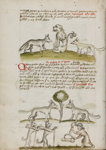 Vos en wolf voor een leeuw; twee wolven onder een boom die balen tarwe slepen; een boer die schoven tarwe bundelt door Unknown artist