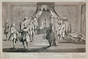 Vrijmetselarij: Bijeenkomst van Vrijmetselaars voor de ontvangst van de meesters. Ceremonie voor de intrede van de ontvanger in de loge. Hij wordt links afgebeeld, met de tweede opzichter die een vrijmetselaarsdolk op hem richt. De Grootmeester is in de door Unknown artist