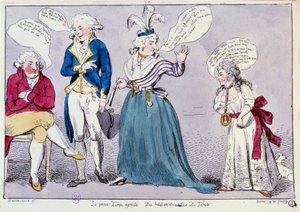 Franse Revolutie: Cartoon tegen de familie van koningin Marie Antoinette (1755-1793) en Lodewijk XVI opgesloten in de Tempelgevangenis. De koningin en de zus van de koning, Madame Elisabeth, ruziën onder het oog van de koning. Hun woorden zijn geschreven i door Unknown artist