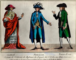 Franse Revolutie: voorstelling van de afgevaardigden van de drie standen in de Staten-Generaal in ceremonieel kostuum: de geestelijkheid, de adel en de derde stand (Derde Stand). Prent uit het einde van de 18e eeuw Privécollectie