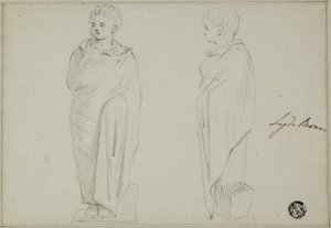 Voor- en zijaanzichten van standbeeld van jongen gekleed in toga door Unknown artist
