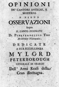 Frontispice van "Opinioni dei cantori antichi e moderni ossiano osservazioni sopra il canto figurato" door Pier Francesco Tosi (1653 - 1732), Italiaanse castraat, componist en theoreticus. 1723 door Unknown artist