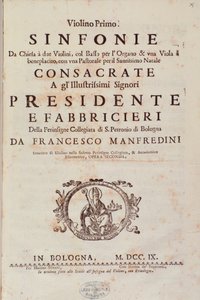 Frontispice van muzikale partituur van Sinfonia da chiesa e due violini door Francesco Manfredini