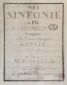 Frontispice van de partituur voor Sei sinfonie a piu strumenti op. 5 (eerste symfonie) door Francois Joseph Gossec door Unknown artist