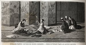 Begrafenisceremonies: de monnik van de laatste sacramenten. Gravure ter illustratie van de reis naar Japan in 1863-1864, door Aimé Humbert, minister van de Zwitserse Confederatie, in 