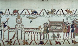 Begrafenis van koning Eduard de Belijder van Engeland, zijn lichaam wordt naar de kerk van St. Peter gebracht (detail van het Tapijt van Bayeux)