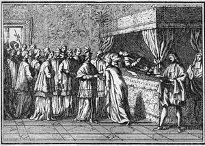 Begrafenis van een paus in de 18e eeuw: erkenning van het lichaam van de overleden paus. Gravure in 