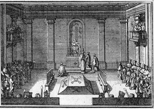 Begrafenis van een paus in de 18e eeuw: de ceremonie van de uitvaart. Gravure in 