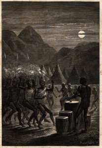 Begrafenisceremonie onder de Lakutas (stam in de regio van de Boven-Nijl), trommels en rituele dansen in het maanlicht. Gravure om de reis naar het Albertmeer van 1861-1864 te illustreren, door Sir Samuel White Baker, in 
