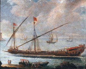 Galei verlaat de haven van Genua
