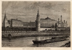 Algemeen overzicht van het Kremlin, het geografische centrum van Moskou en het politieke centrum van Rusland, de buurt gebouwd in de 14e eeuw is altijd uitgebreid en gerestaureerd door de historische perikelen van het land. Gravure ter illustratie van La R door Unknown artist