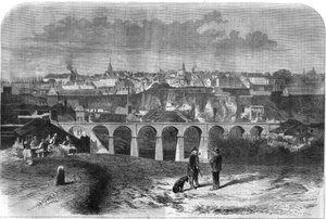 Algemeen uitzicht op de stad Luxemburg. Gravure in 