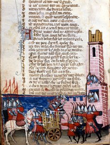Heldendicht: slagveld bij een versterkte stad. Troepen van Karel de Grote (742-814) vochten tegen de Moren van Spanje. Miniatuur uit het Frans-Italiaanse manuscript "Entree d