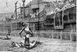Gladiatorengevecht in de Romeinse tijd naar het schilderij van J L Gerome door Unknown artist