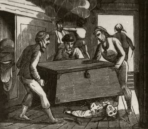 Gordon en zijn metgezellen drukken de Franse kapitein dood met een grote kist, ca.1836 door Unknown artist