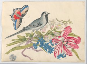 Grijze vogel op tak met tulp, leeuwenbek en vergeet-me-nietjes met vlinder